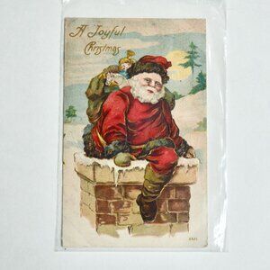 Antique A Joyful Christmas Santa Chimney Postcard Spencer Iowa